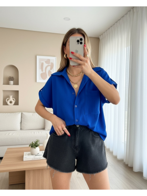 Duble Kol Tek Cepli Bürümcük Gömlek  -Saks