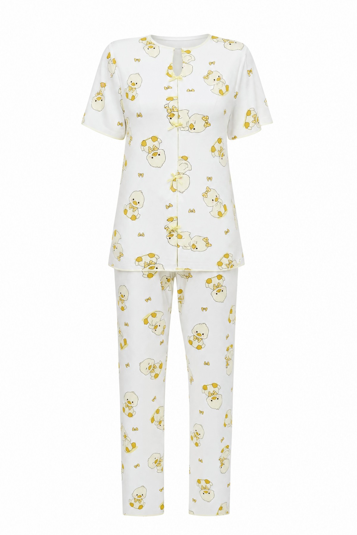 Mixed Pattern V-Neck Short-Sleeve Cotton Pajama Set with Bow Detail at Front -Ecru