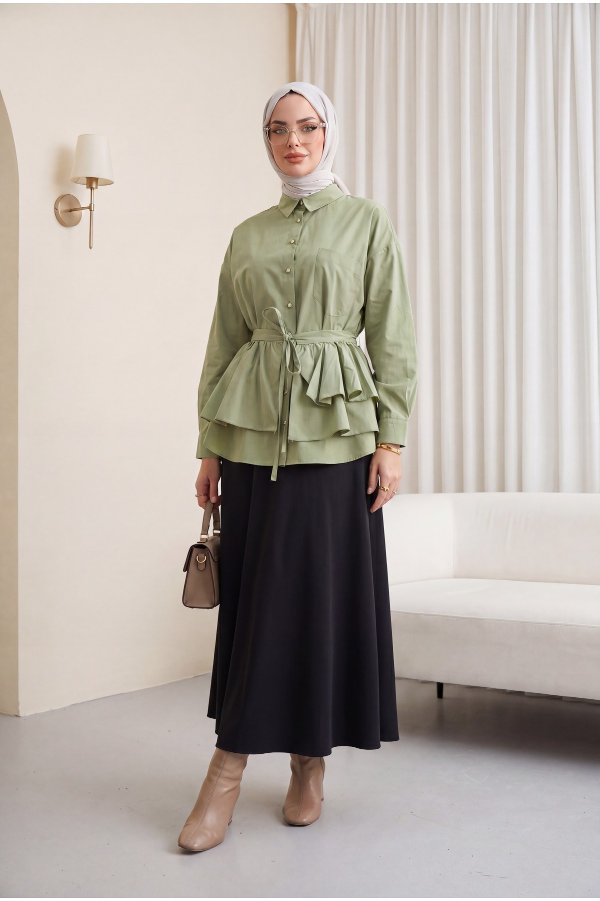 Oval Cut Poplin Tunic with Cape Detail and Button Closure -Cagla Green