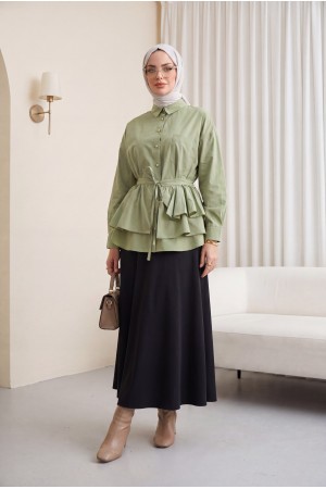 Pelerin Detaylı Düğmeli Oval Kesim Poplin Tunik -Çağla Y.