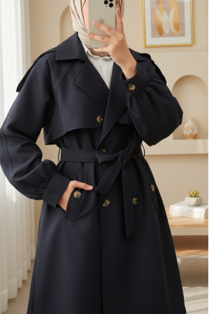 Omzu Apoletli Çift Düğmeli Bolerolu  Cepli Kemerli Trençkot   -Laci