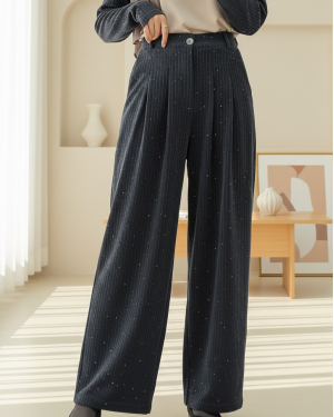 بنطلون مخملي واسع الساق مع جيوب وتفاصيل ترتر -أنثراسايت