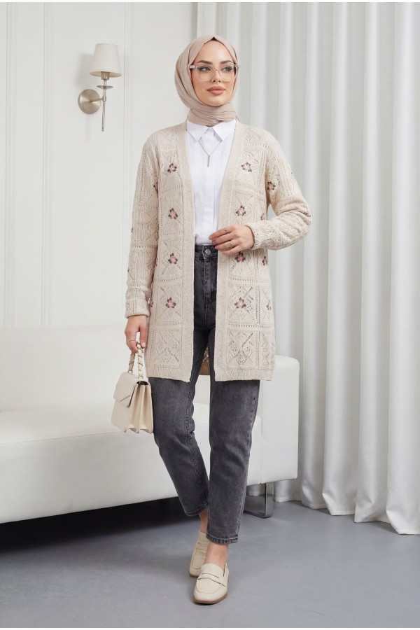 Openwork Embroidered Cardigan  -Stone