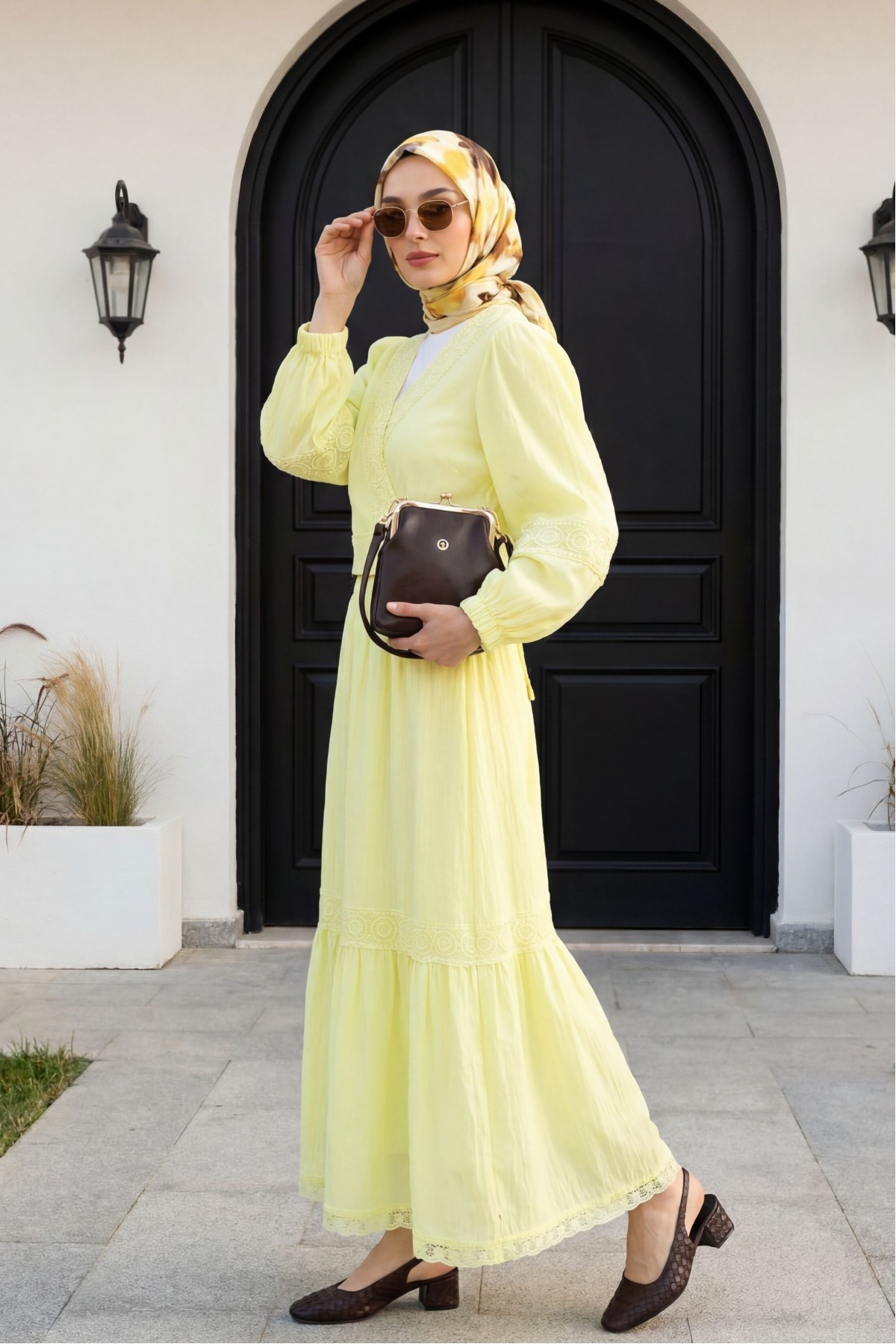 Lace Detailed Tied Elastic Sleeve Knit Skirt Suit -Light yellow