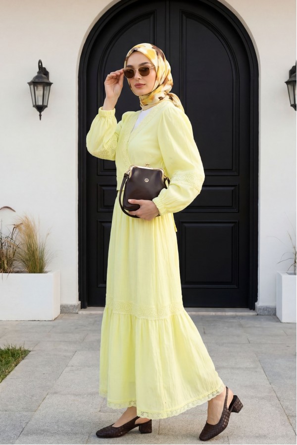 Lace Detailed Tied Elastic Sleeve Knit Skirt Suit -Light yellow