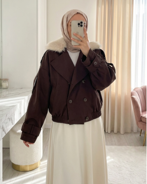 Kruvaze Ceket Yaka Lastikli Şerit Detaylı Kısa Trençkot 