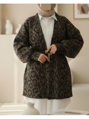 Leopar Desenli Balon Kol Salaş Ceket  -Füme