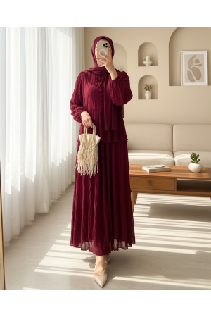 Yakası Fırfırlı Düğmeli Şifon Kraş Etekli Takım -Bordo