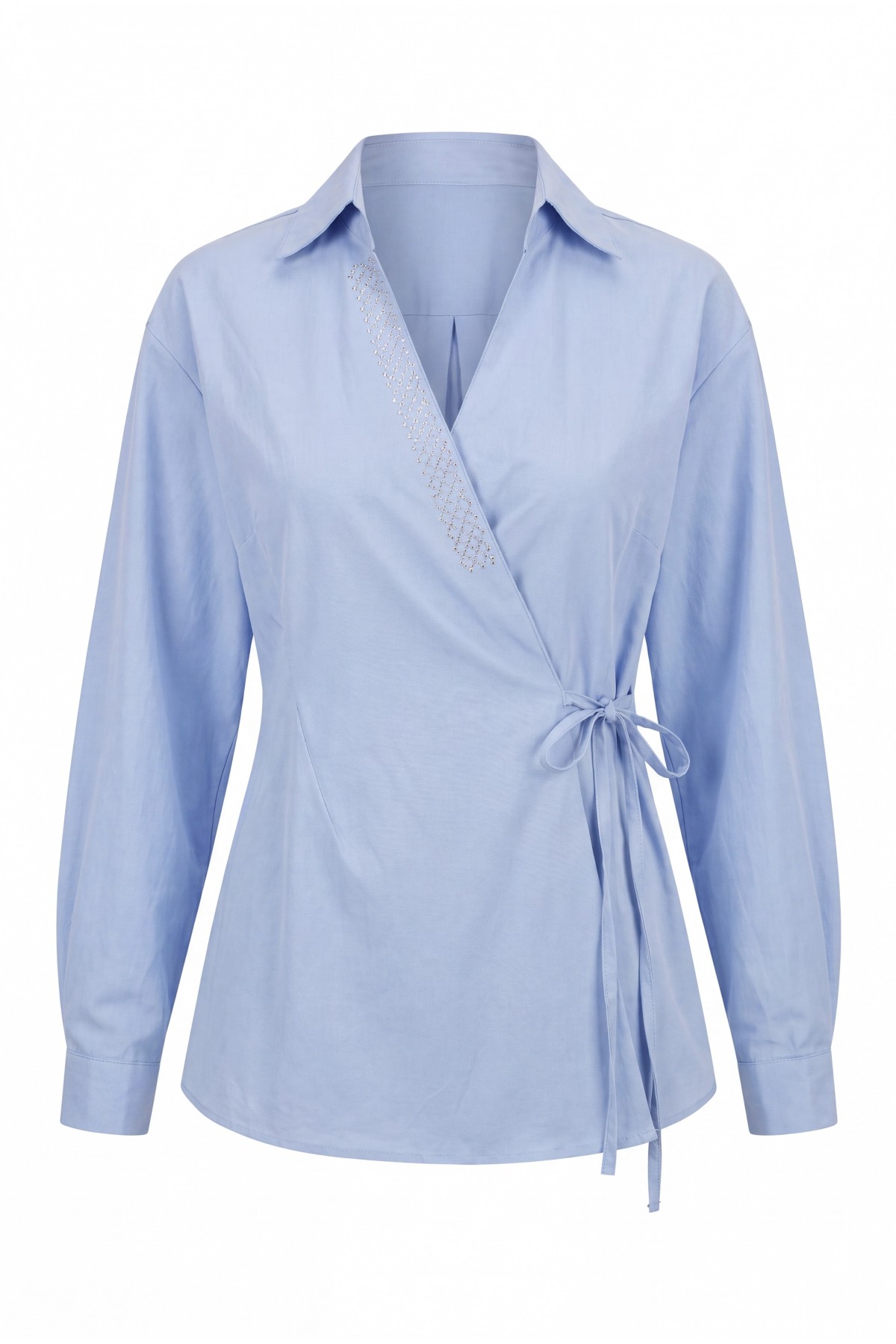 Side-Tie Poplin Shirt with Stone Detail and Wrap Collar -Blue