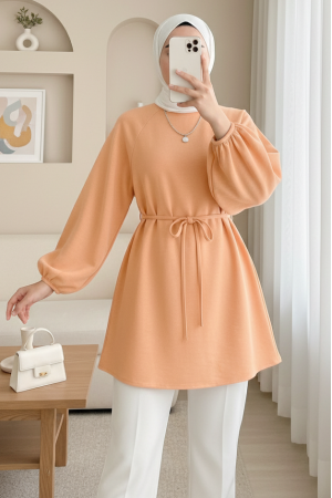 Yuvarlak Yaka Beli Bağcıklı Balon Kol Tunik   -Turuncu