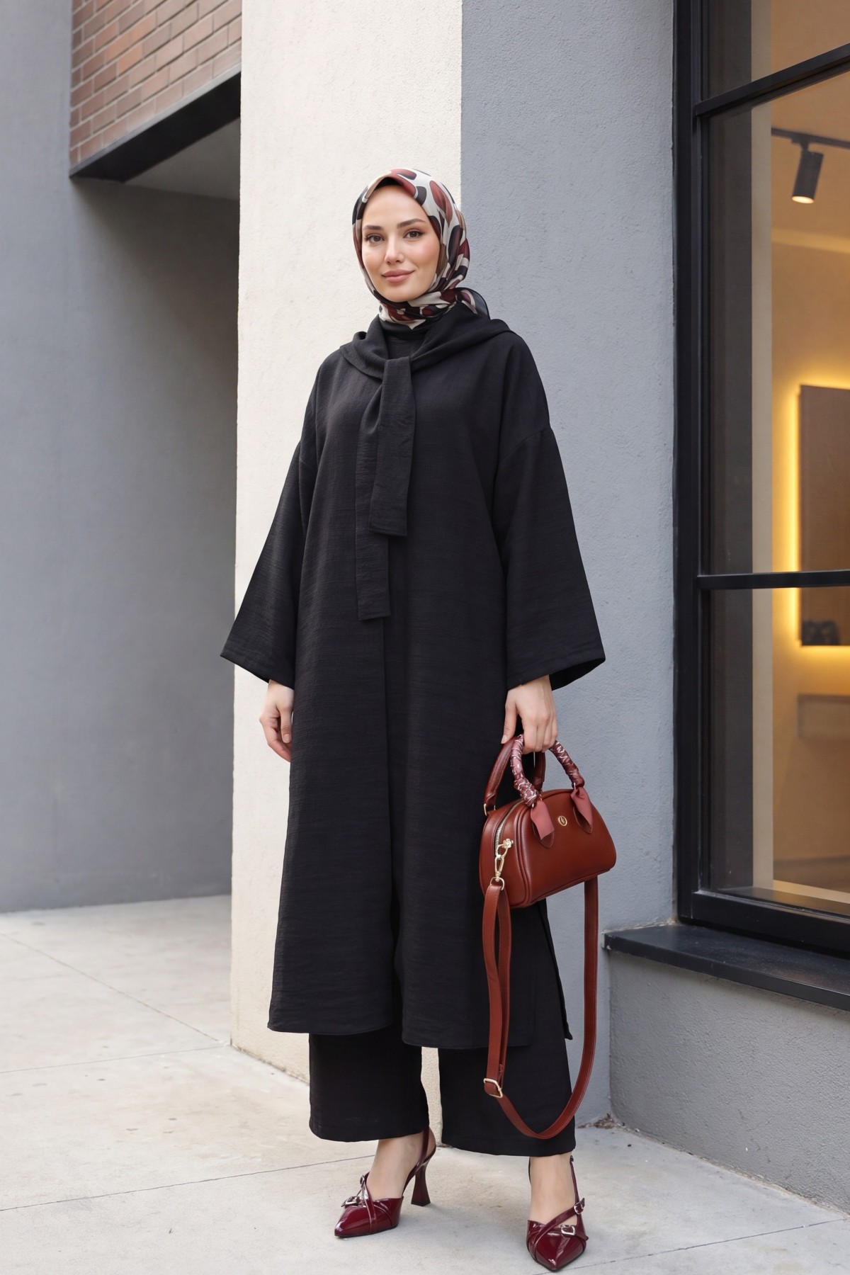 Deep Slit Linen Suit with Scarf Detail and Pockets -Black