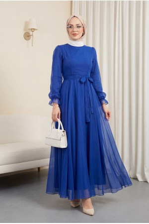 Kabarık Kol ve Etekli Kuşaklı Tül Abiye -Saks