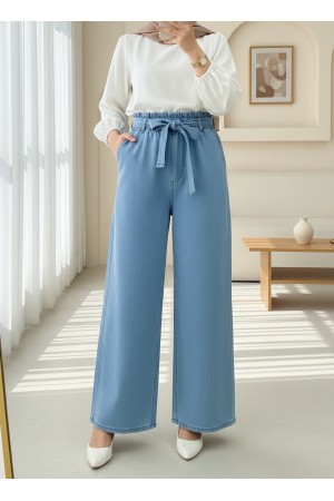 Beli Kuşaklı Lastikli Cepli Kot Pantolon -Buz Mavi