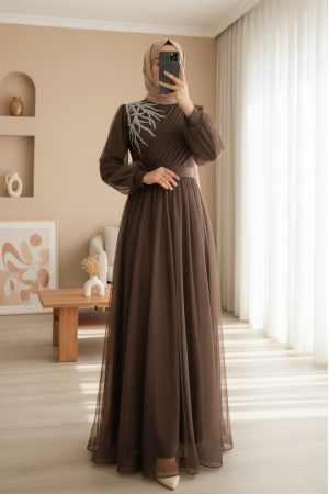 Önü Taş Detaylı Drapeli Kemerli Tül Abiye     -K. Kahve