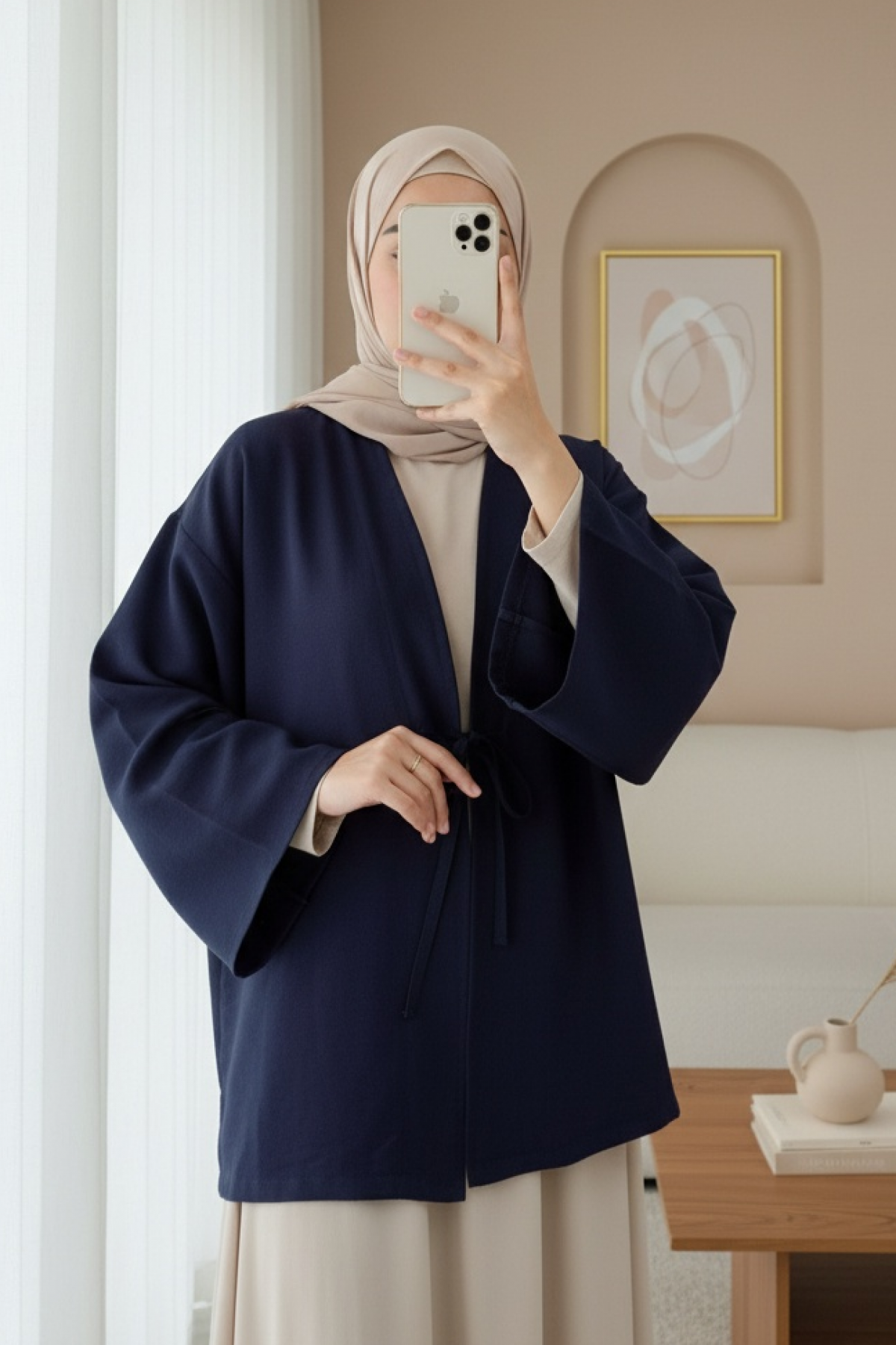 Poplin Kimono with Lace Front -Navy blue