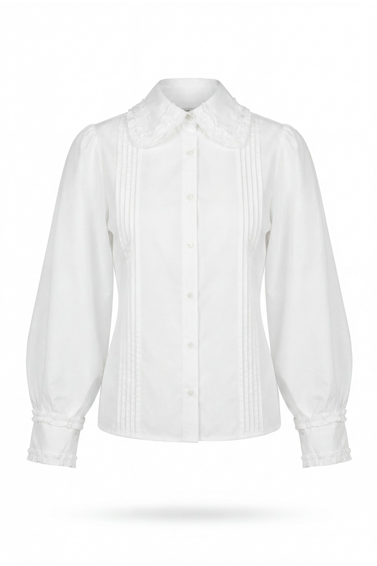 Peter Pan Collar Ruffle Detail Buttoned Ribbed Balloon Sleeve Poplin Shirt -White detay görseli