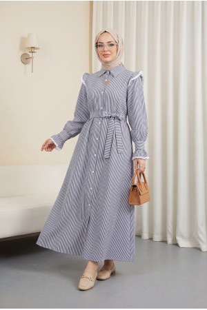 فستان بأزرار أمامية وتفاصيل دانتيل -كحلي