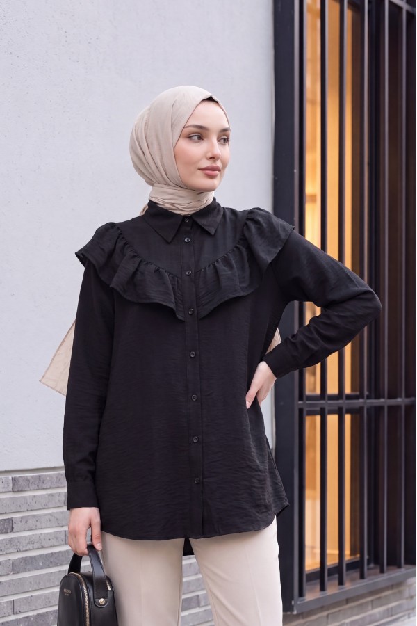 Robadan Fırfırlı Düğmeli Rayon Tunik -Siyah