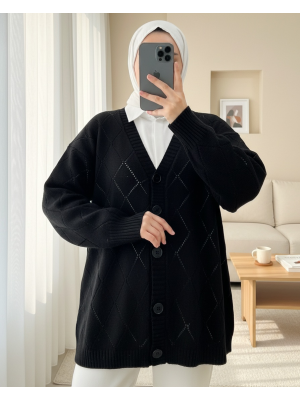 Ajurlu Baklava Desenli Triko Hırka -Siyah