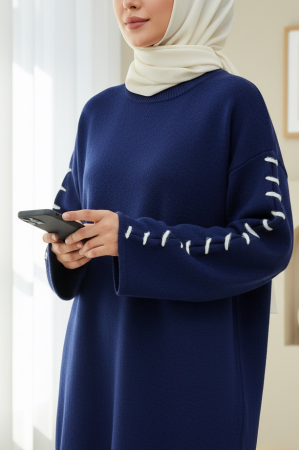 Kolları İpli Çizgili Yumoş Triko Tunik -Laci