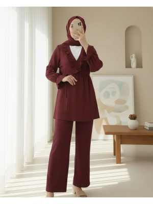 Elastic Sleeves, Ruffle Front, Laced Crinkle Kimono Set -Maroon