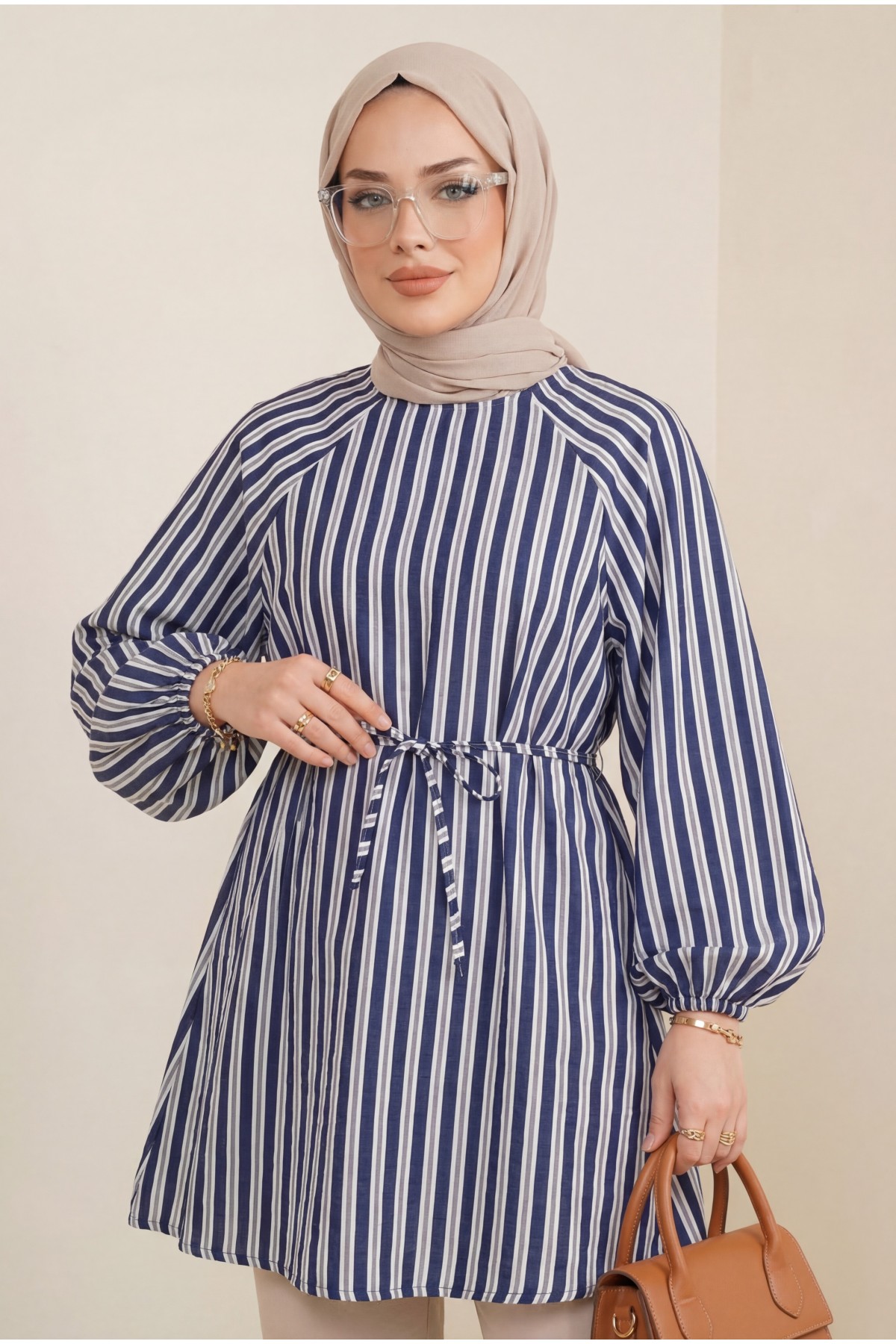 Balloon Sleeve Waist Tie Lined Striped Tunic -Navy blue