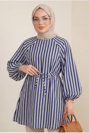 Balon Kol Belden Bağlamalı Astarlı Çizgili Tunik -Laci