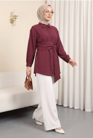 Belden Bağlamalı Fitlli Krinkıl Gömlek  -Bordo