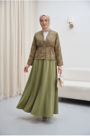 V-Neck, Gathered Waist, Single Button, Patterned Double Set -Khaki