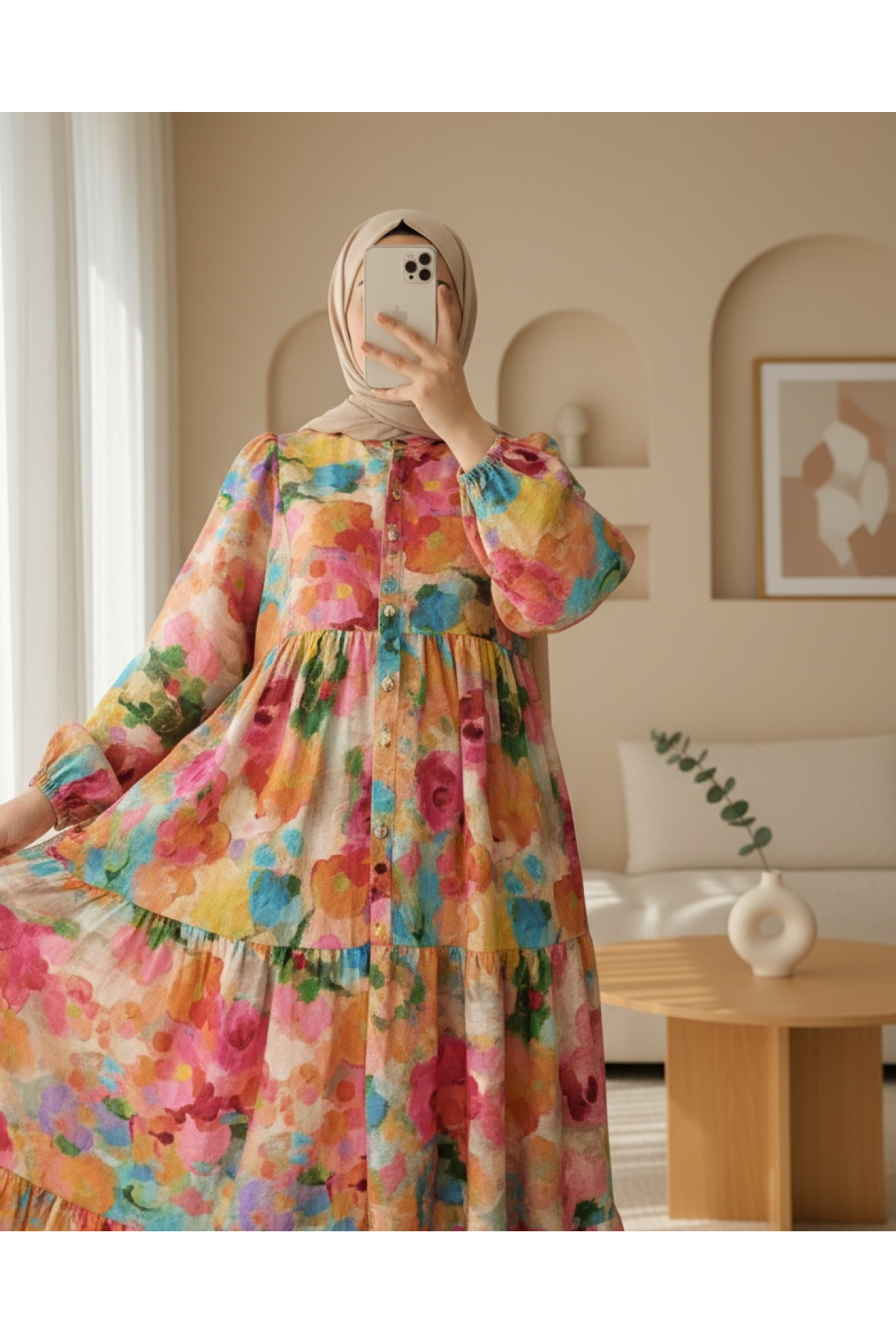 Mixed Pattern Half Buttoned Elastic Sleeve Dress -Orange