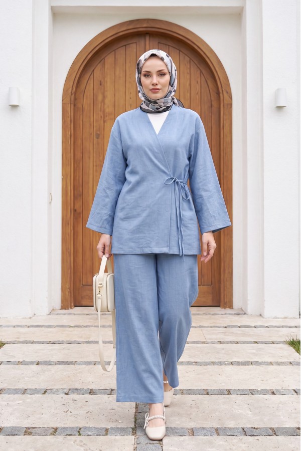 Önden Bağlamalı Pantolonlu Kimono Takım        -Mavi