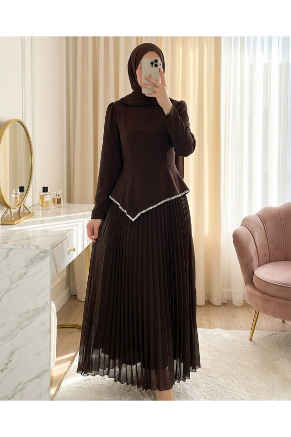 Asymmetrical Waist, Embellished Skirt, Pleated Crepe Dress -Brown