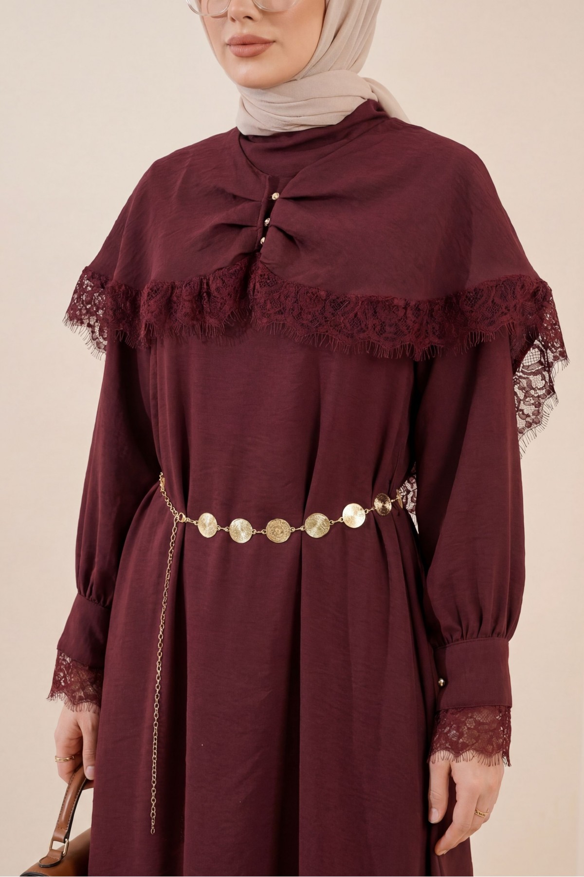 Imported Ibiza Dress with Lace Detail, Cape, Belt, and Lining. -Dark Bordo