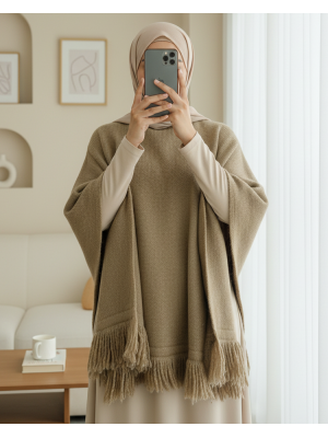 Eteği Püskül Detaylı Triko Panço  -Vizon