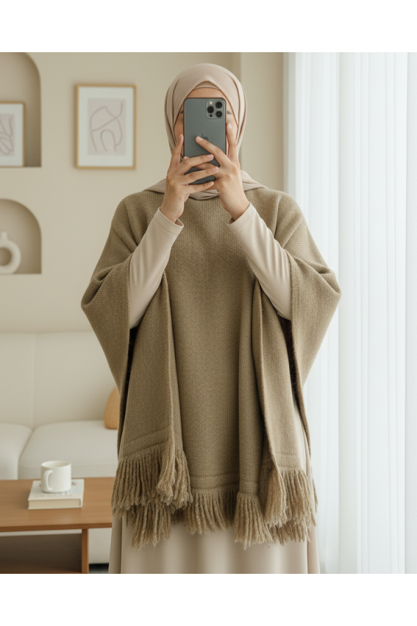 Knit Poncho with Tassel Detail on the Skirt -Mink color
