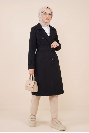 Kemerli Astarlı Bolero Detaylı Kaban -Siyah