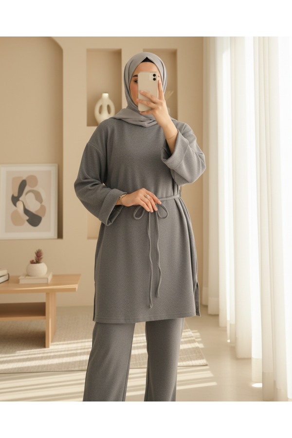 Kolu Katlı Beli Bağlamalı Yırtmaçlı Selanik Tunik -Gri