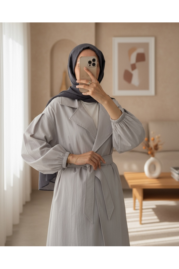 Belted Lined Trench Coat with Elastic Sleeves -Grey