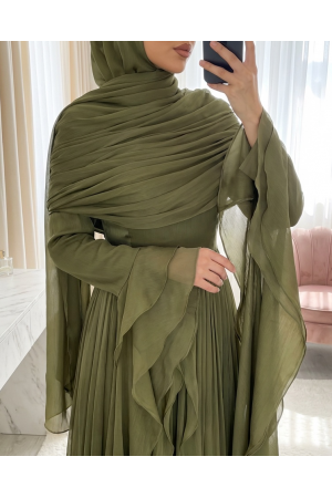 فستان سهرة حريري من الأورجانزا بدون حمالات ومُكشكش ومنسدل -خاكي