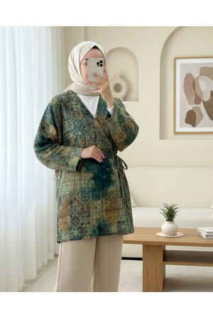 كيمونو مبطن مع خصر مربوط وجيوب وبطانة منقوشة -خاكي