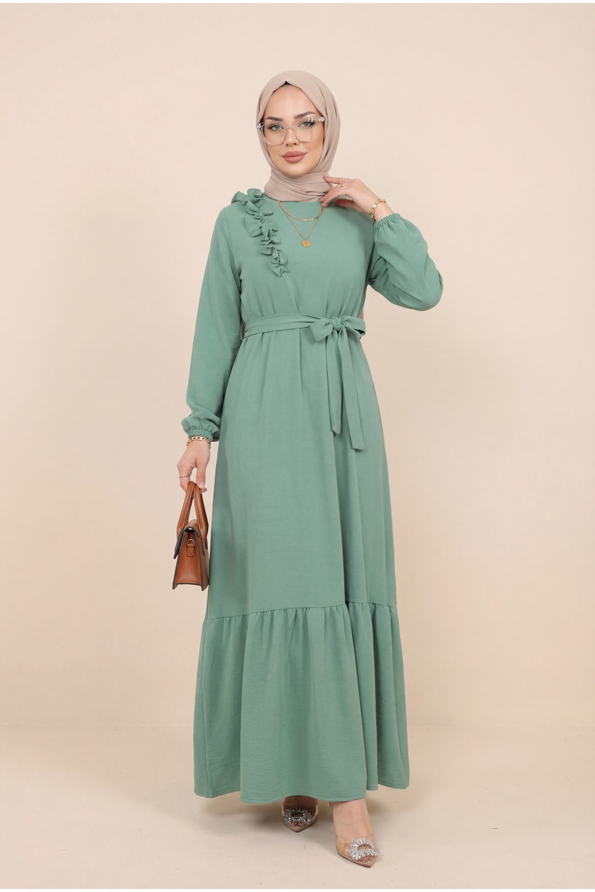 Ruffle Stone Detailed Piece Skirt Belted Ayrobin Dress -Cagla Green