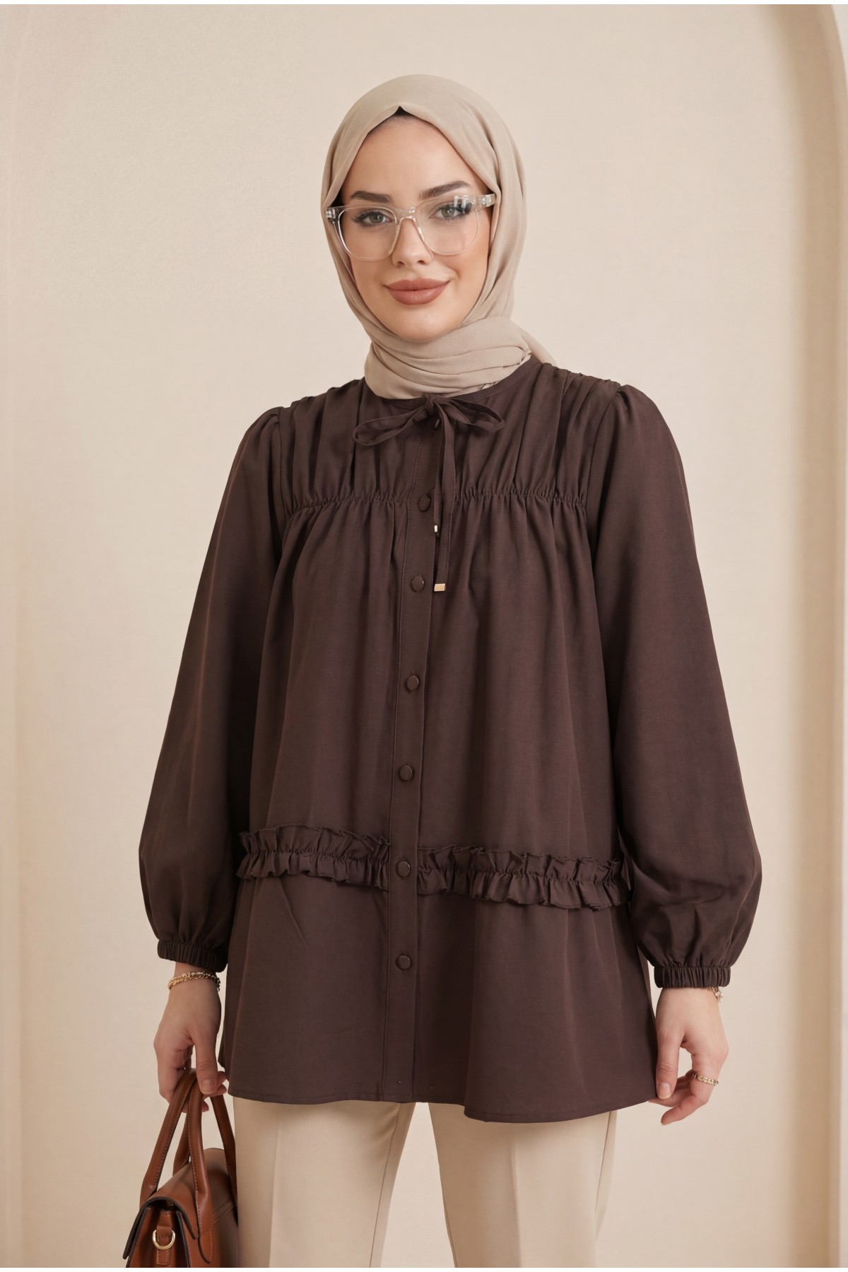 Poplin Tunic with Elasticated Waist, Ruffled Skirt and Button Closure -Dark Coffee
