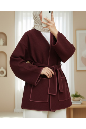 كيمونو من الكشمير بحزام مع تفاصيل حواف وجيوب مزدوجة -بوردو