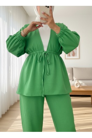 Beli Bağlamalı Lastikli İkili Keten Takım -Yeşil