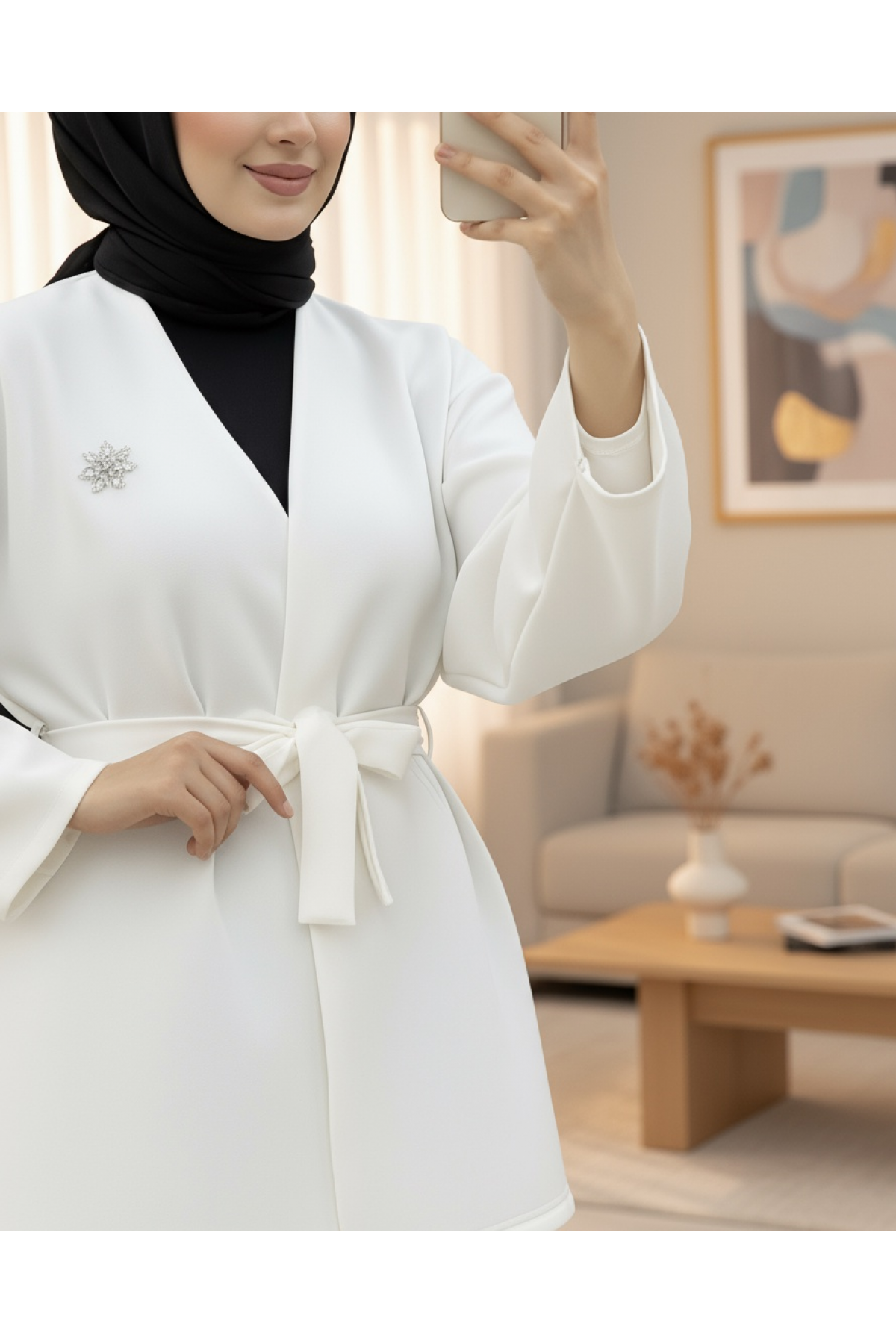 Brooch Detailed Belted Scuba Jacket -White