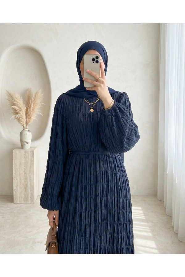 Lined Modal Dress with Elasticated Sleeves -Navy blue