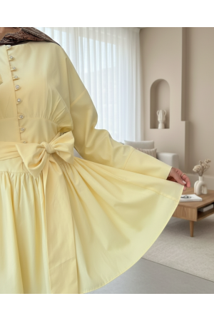 Beli Bağcıklı Boydan Taş Düğmeli Tunik -Açık Sarı