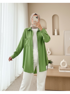20153 Tek Cepli Oversize Keten Gömlek - E.Yeşil