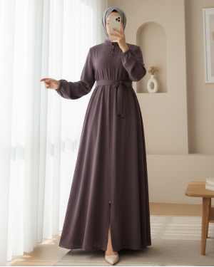 Fermuarlı Kolu Lastikli Beli Kemerli Medine İpeği  Ferace -Vişne