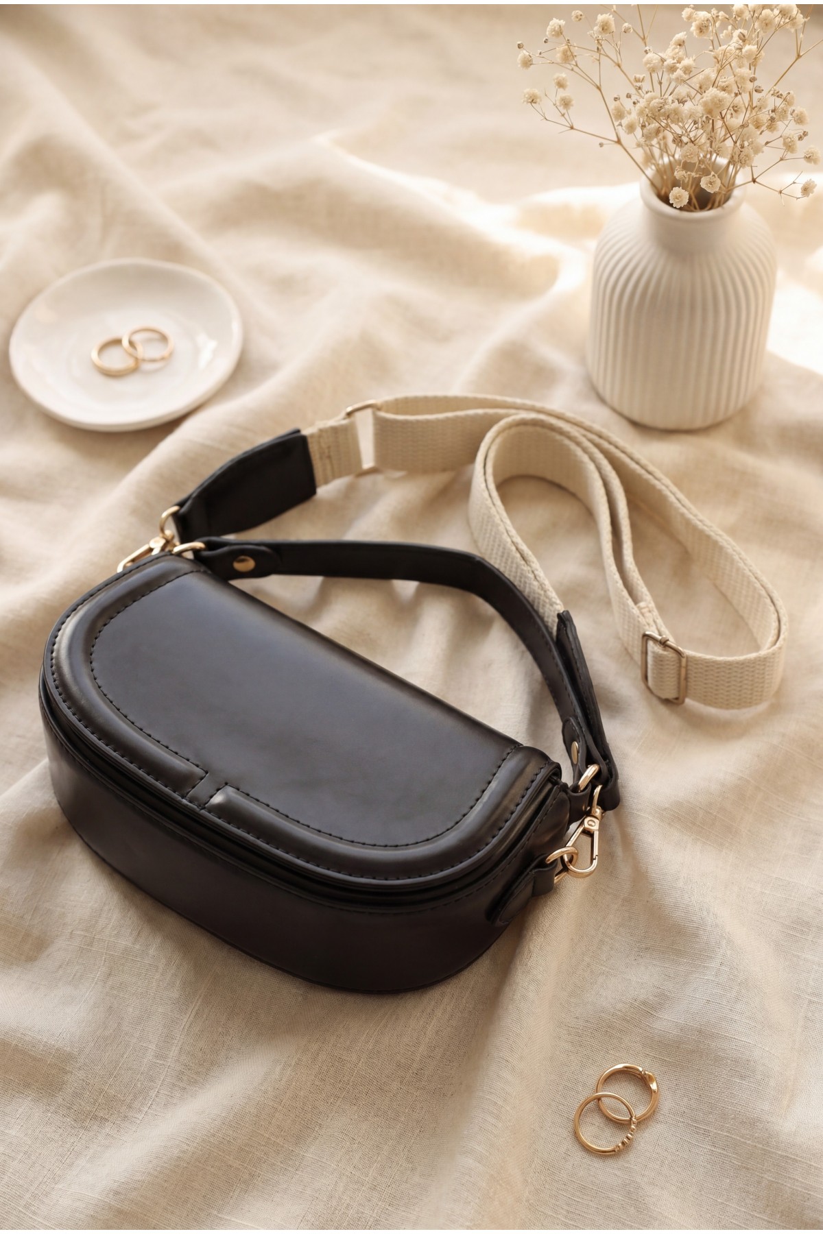 Women's Handbag with Snap Closure, Knitted Strap and Handles -Black